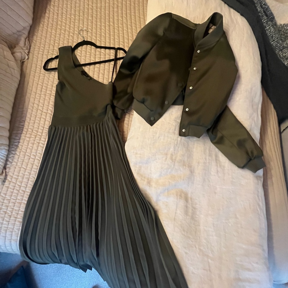 Olive color midi dress with cropped bomber jacket